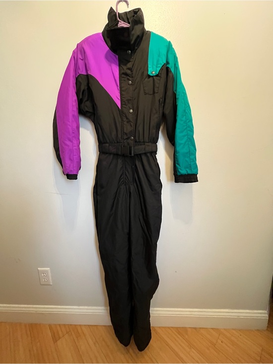 Pants - Vintage 80s 90s Black Ski Jumpsuit with Teal & Purple Colorblock White Fir 12